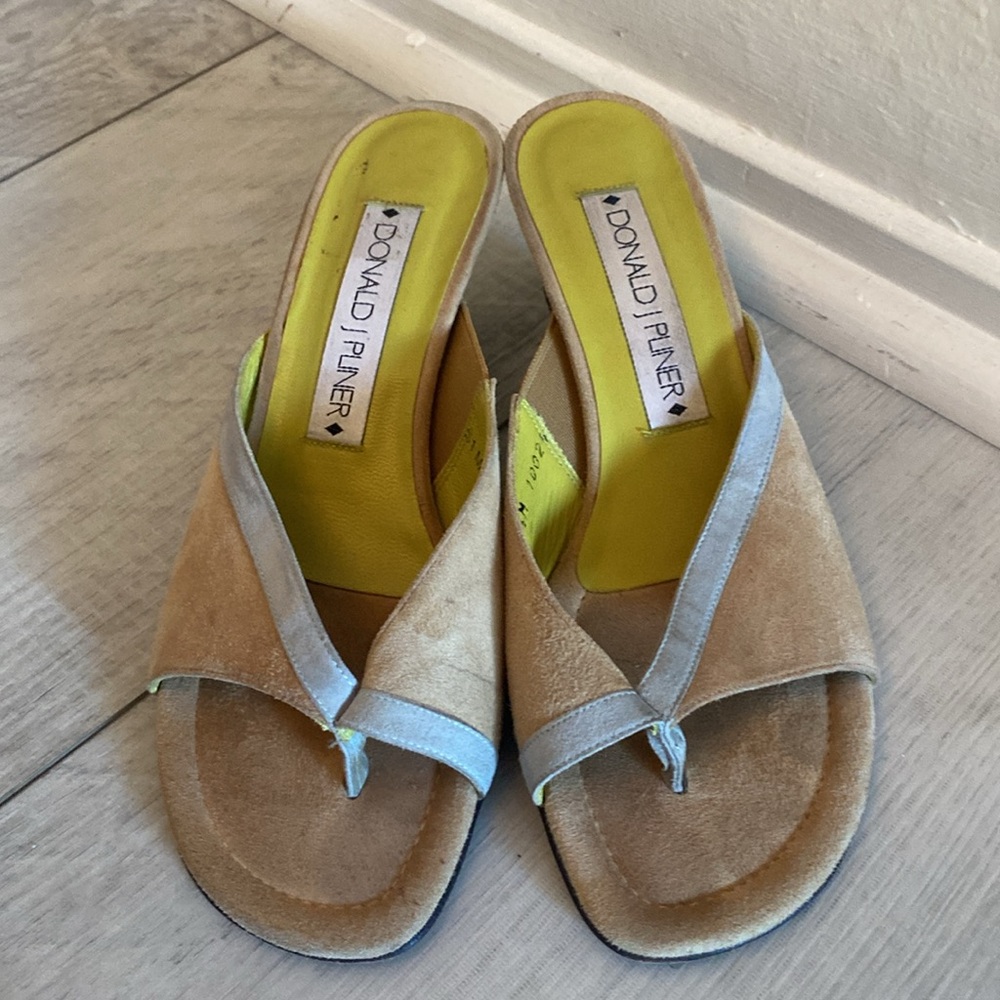 Donald J Pliner, tan suede kitten heels with light blue detailing, size 9